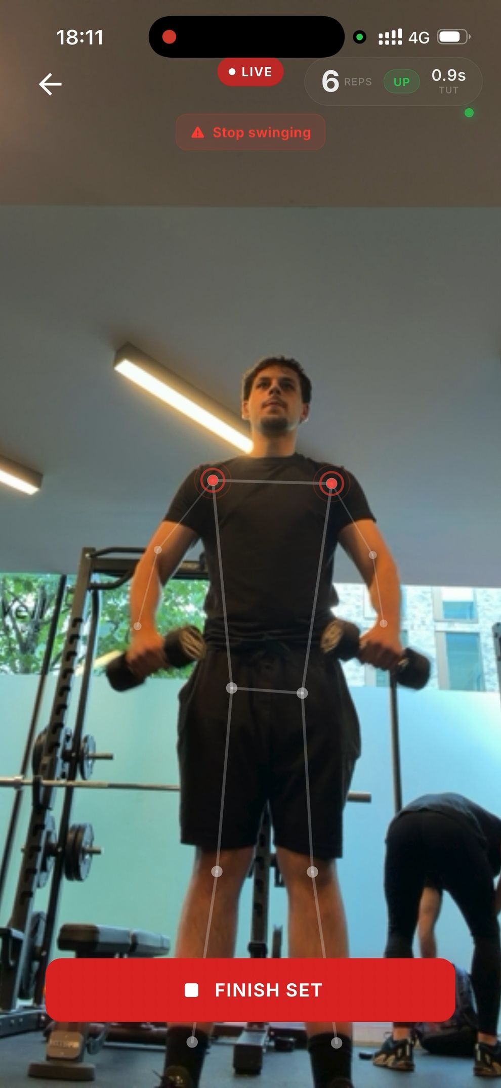 Sportzal form cues — joint-level tracking flagging form breakdown mid-set.