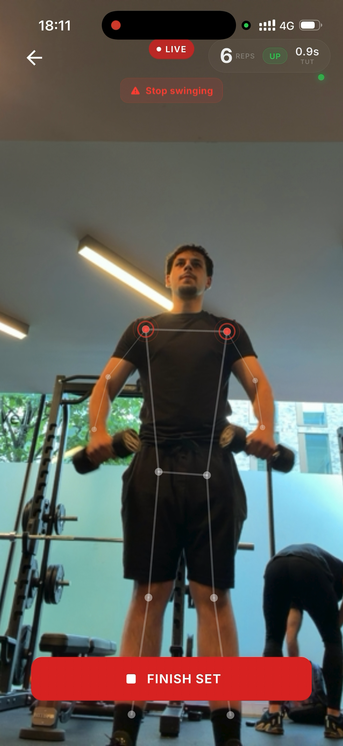 Sportzal app — live form cue flagging joints mid-set