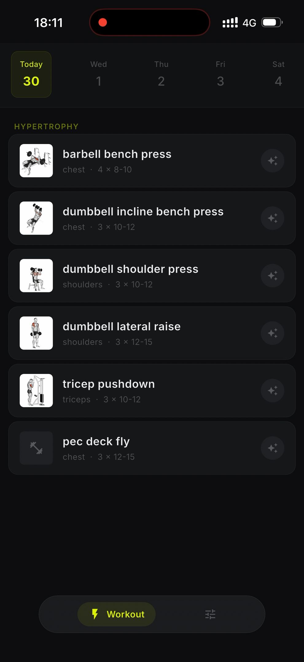 Sportzal Scheduler — today's generated session with exercises, sets and reps.