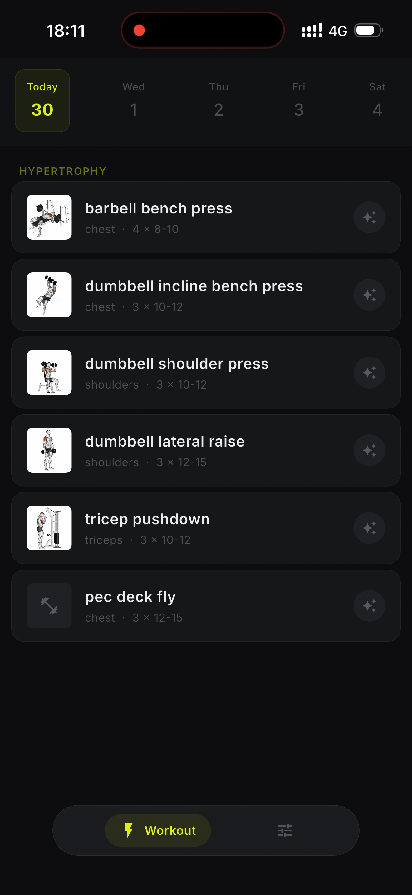 Sportzal app — today's AI-generated workout plan