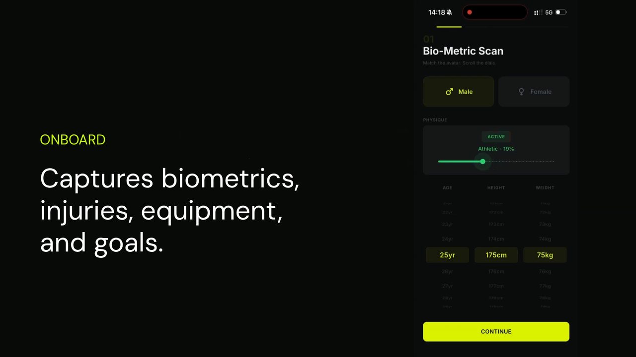 Sportzal onboarding — bio-metric capture screen collecting age, height and weight.